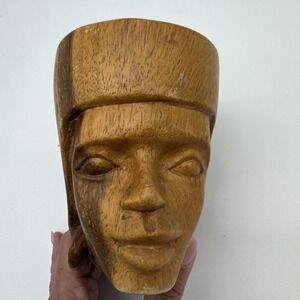 Hand Carved Wooden Tribal Head Sculpture Mask Folk Art Vintage Decor Mug